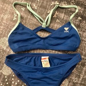 Blue two piece TYR swimsuit
